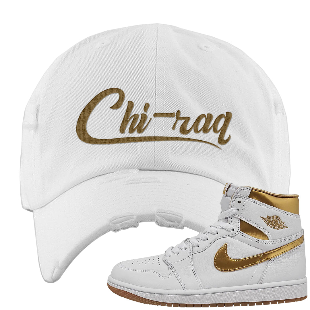Metallic Gold Retro 1s Distressed Dad Hat | Chiraq, White