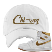 Metallic Gold Retro 1s Distressed Dad Hat | Chiraq, White