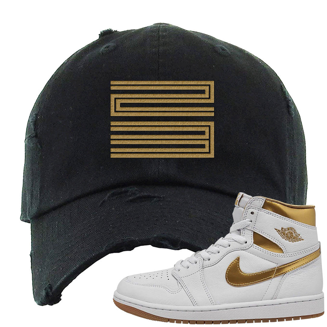 Metallic Gold Retro 1s Distressed Dad Hat | Double Line 23, Black