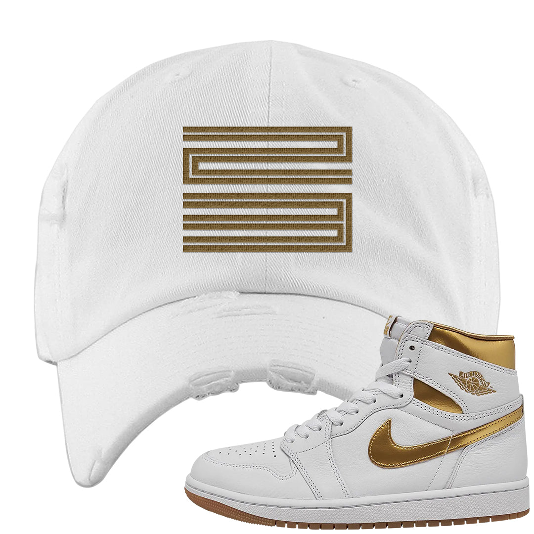 Metallic Gold Retro 1s Distressed Dad Hat | Double Line 23, White