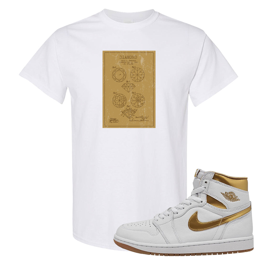 Metallic Gold Retro 1s T Shirt | Diamond Patent Sketch, White