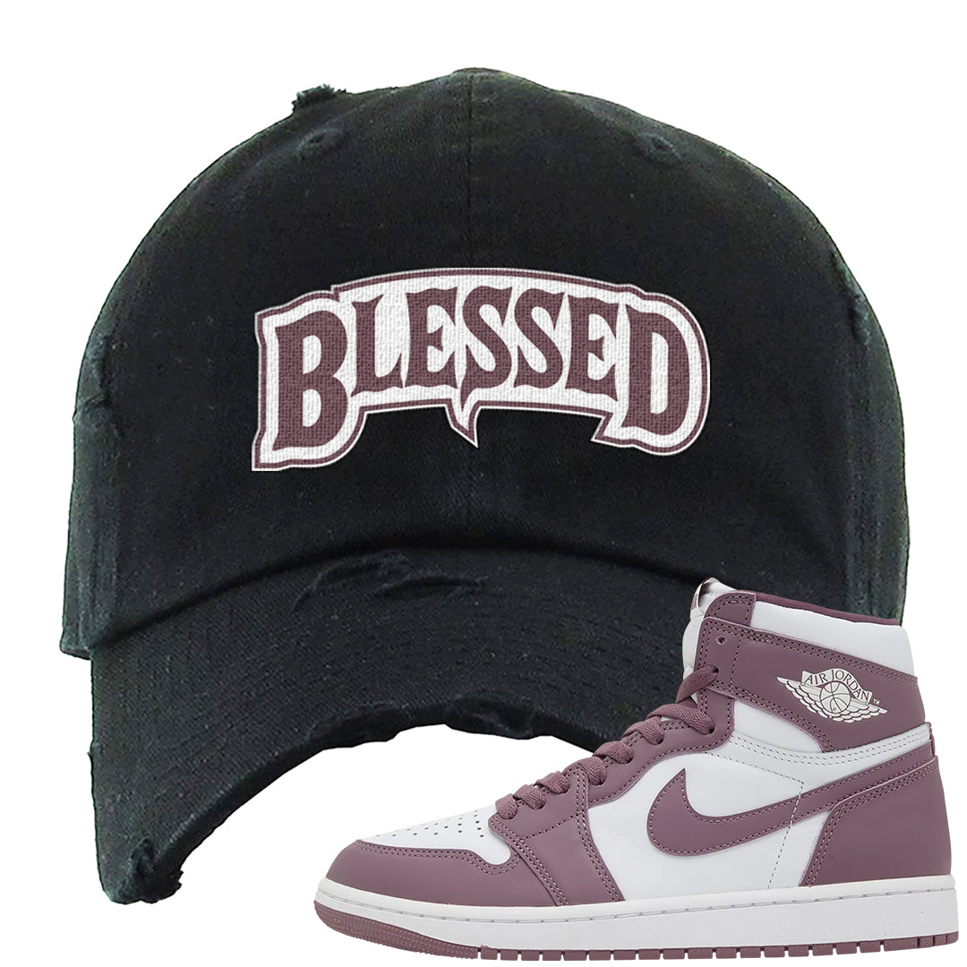 Sky J Mauve 1s Distressed Dad Hat | Blessed Arch, Black
