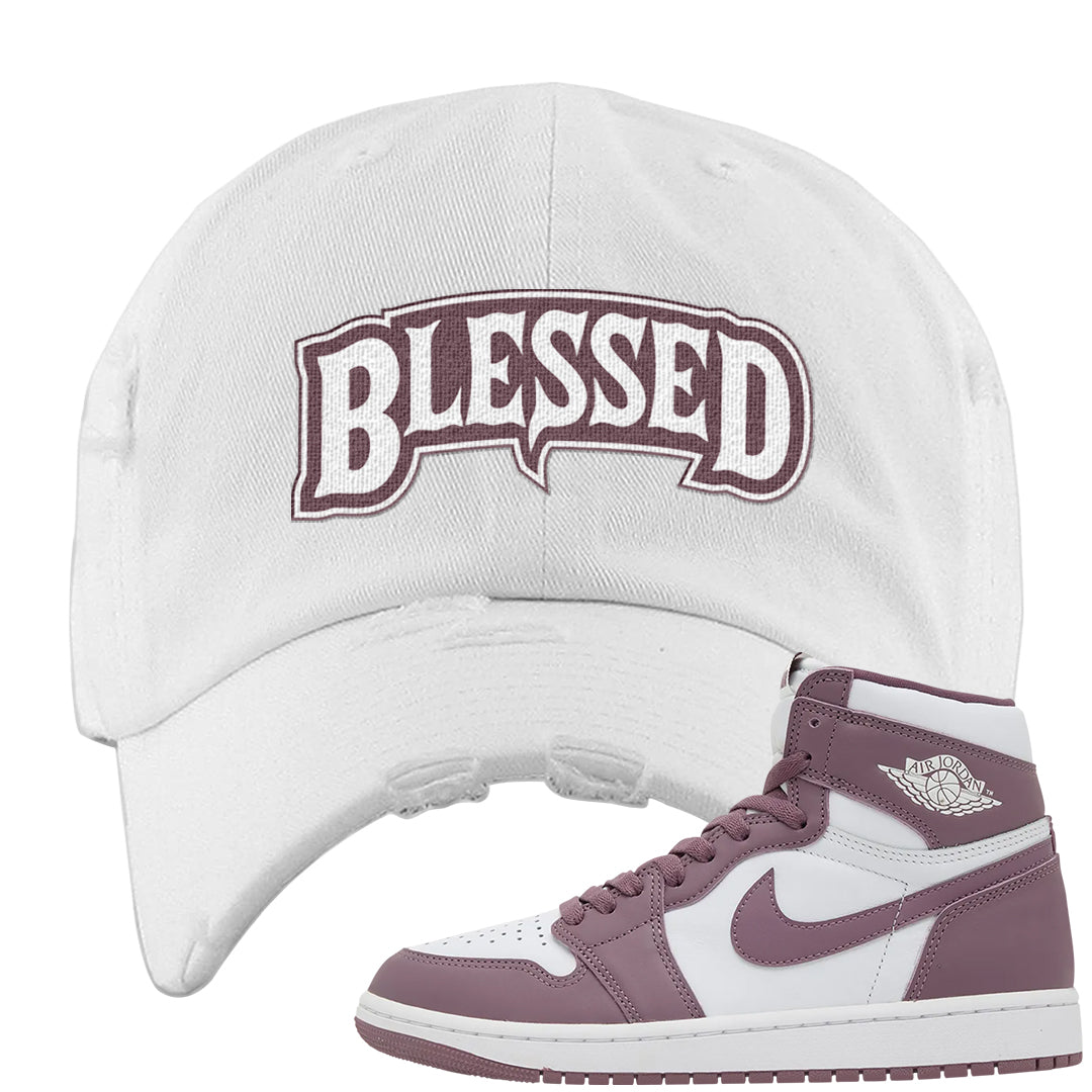 Sky J Mauve 1s Distressed Dad Hat | Blessed Arch, White