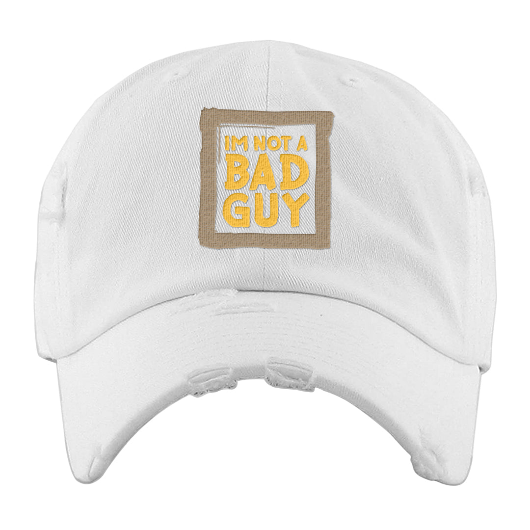 Vibrations of Naija 1s Distressed Dad Hat | I'm Not A Bad Guy, White