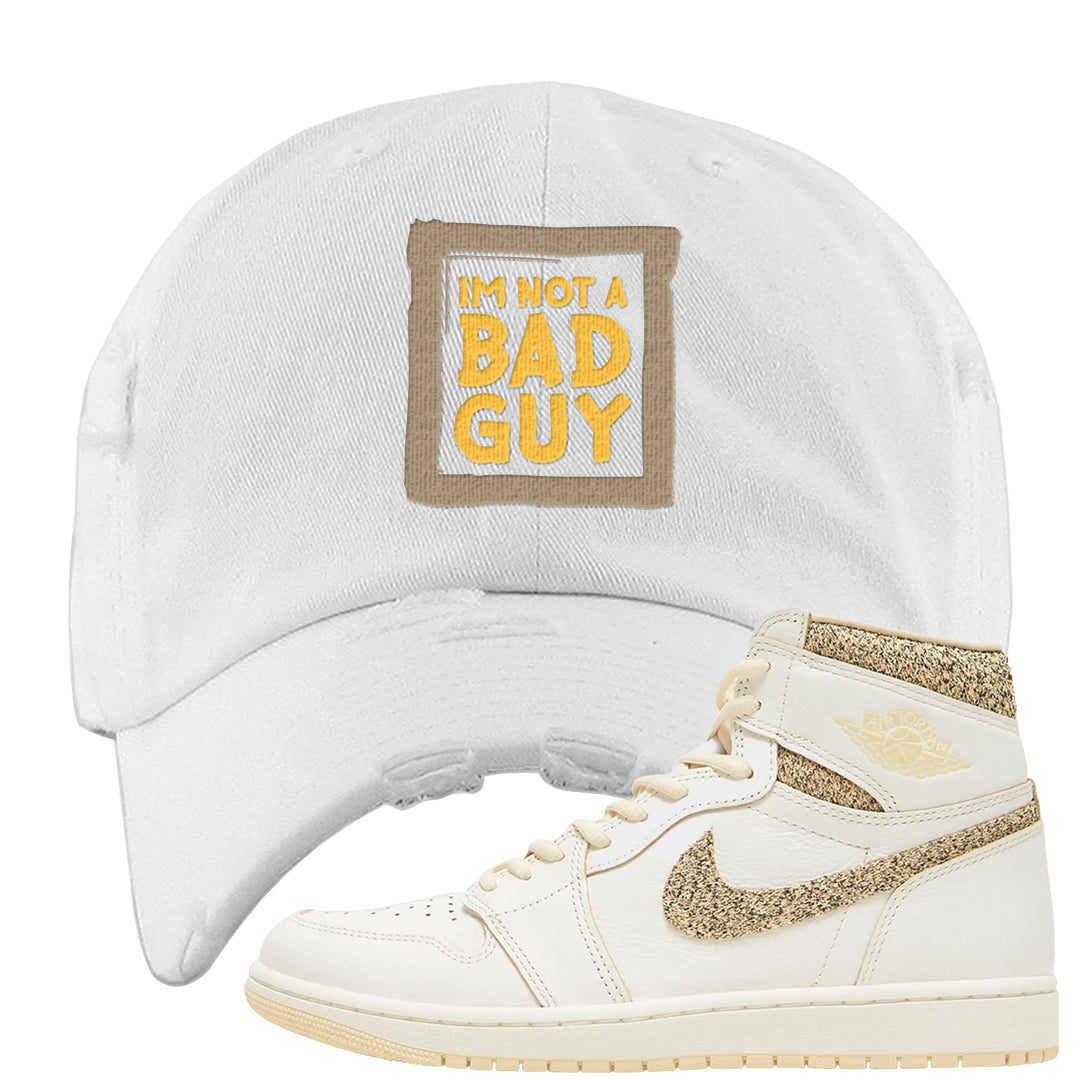 Vibrations of Naija 1s Distressed Dad Hat | I'm Not A Bad Guy, White