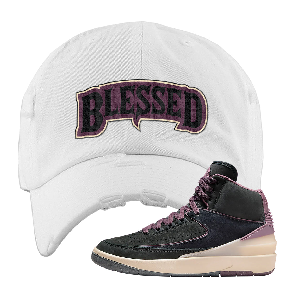 Off Noir 2s Distressed Dad Hat | Blessed Arch, White
