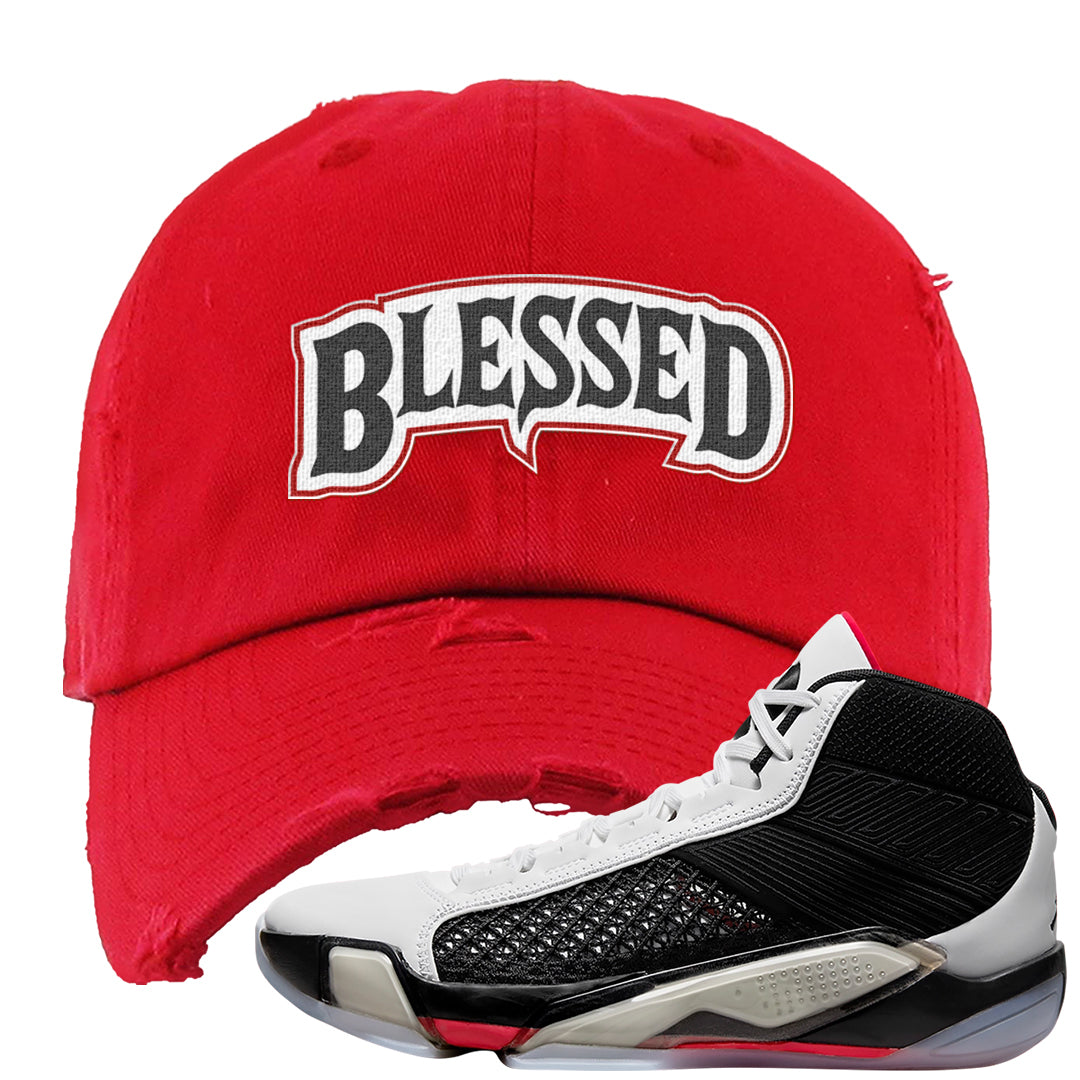 Fundamentals 38s Distressed Dad Hat | Blessed Arch, Red