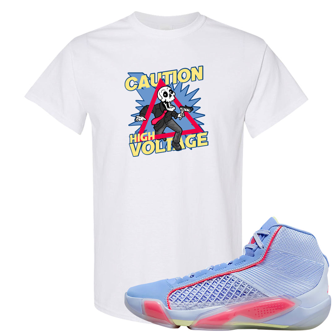 Fadeaway 38s T Shirt | Caution High Voltage, White