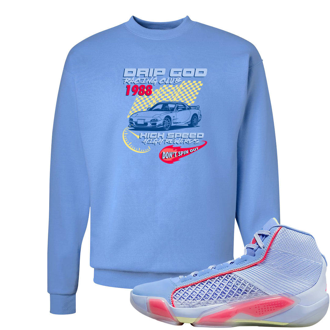 Fadeaway 38s Crewneck Sweatshirt | Drip God Racing Club, Carolina Blue