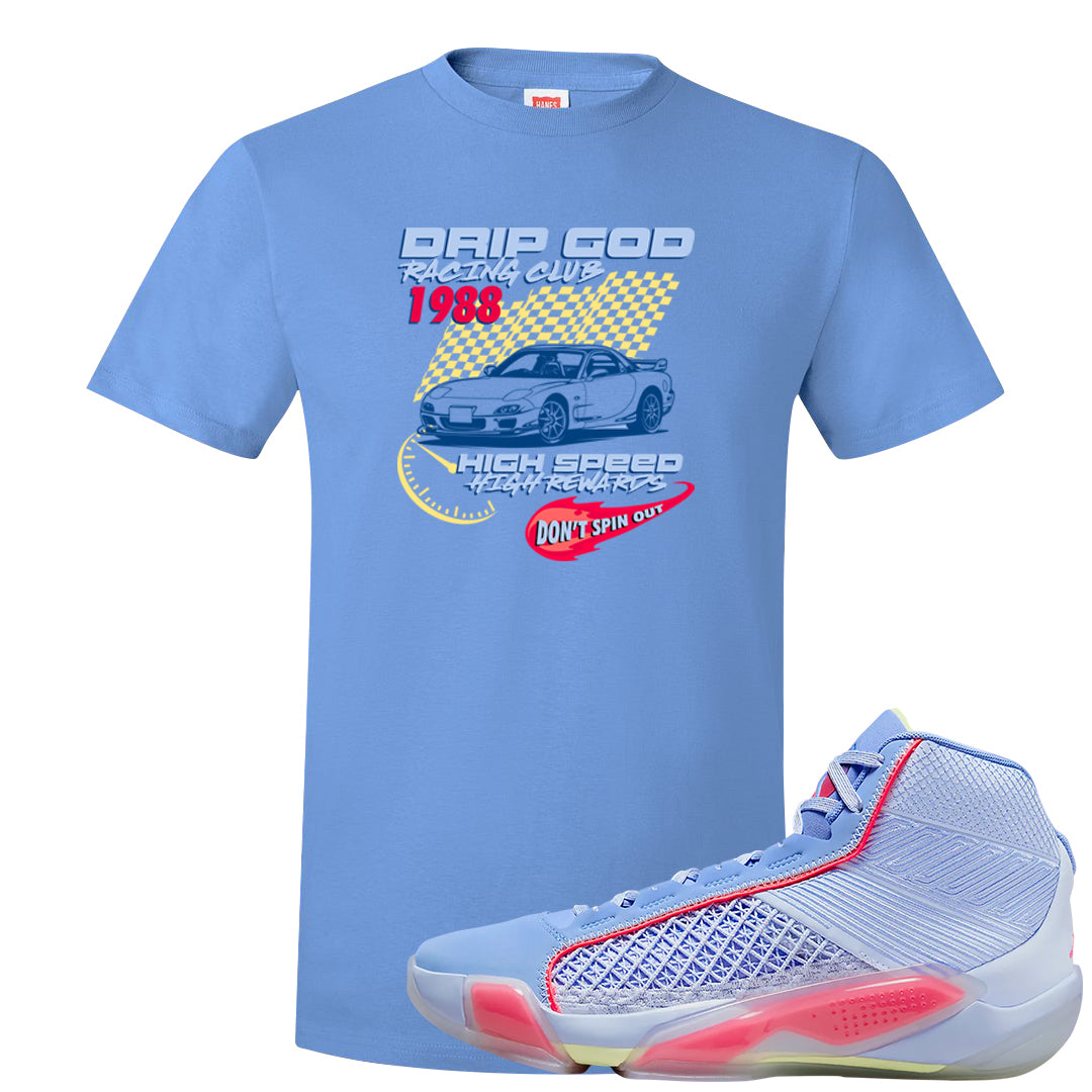 Fadeaway 38s T Shirt | Drip God Racing Club, Carolina Blue
