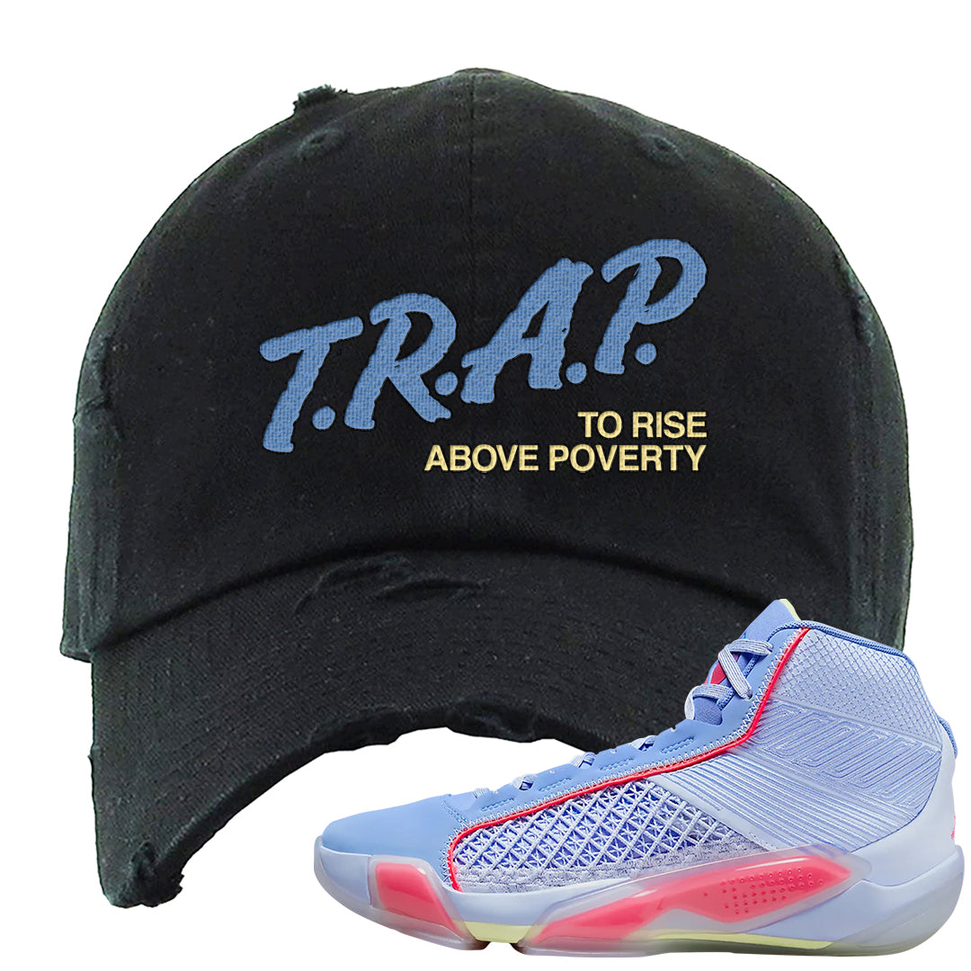 Fadeaway 38s Distressed Dad Hat | Trap To Rise Above Poverty, Black