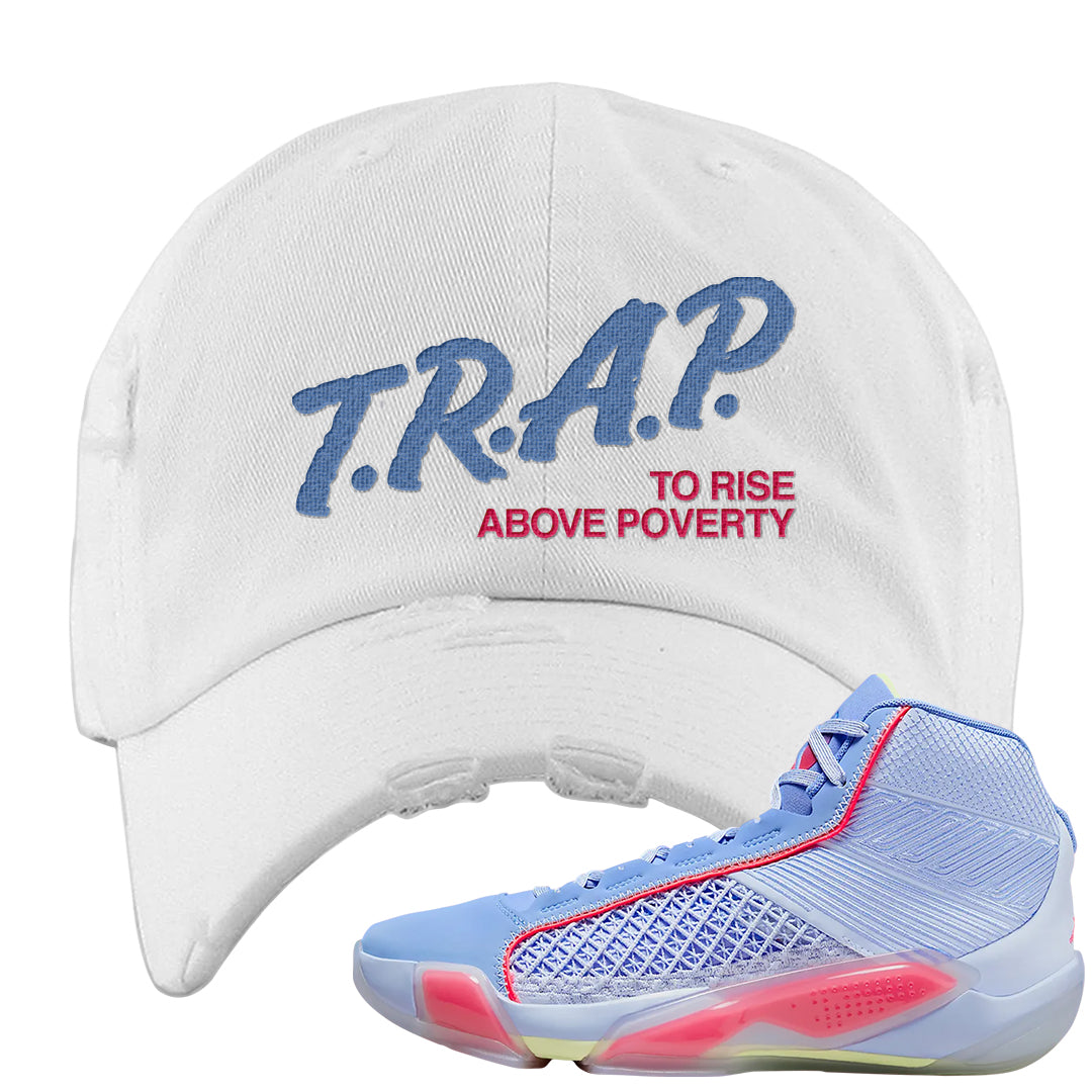 Fadeaway 38s Distressed Dad Hat | Trap To Rise Above Poverty, White