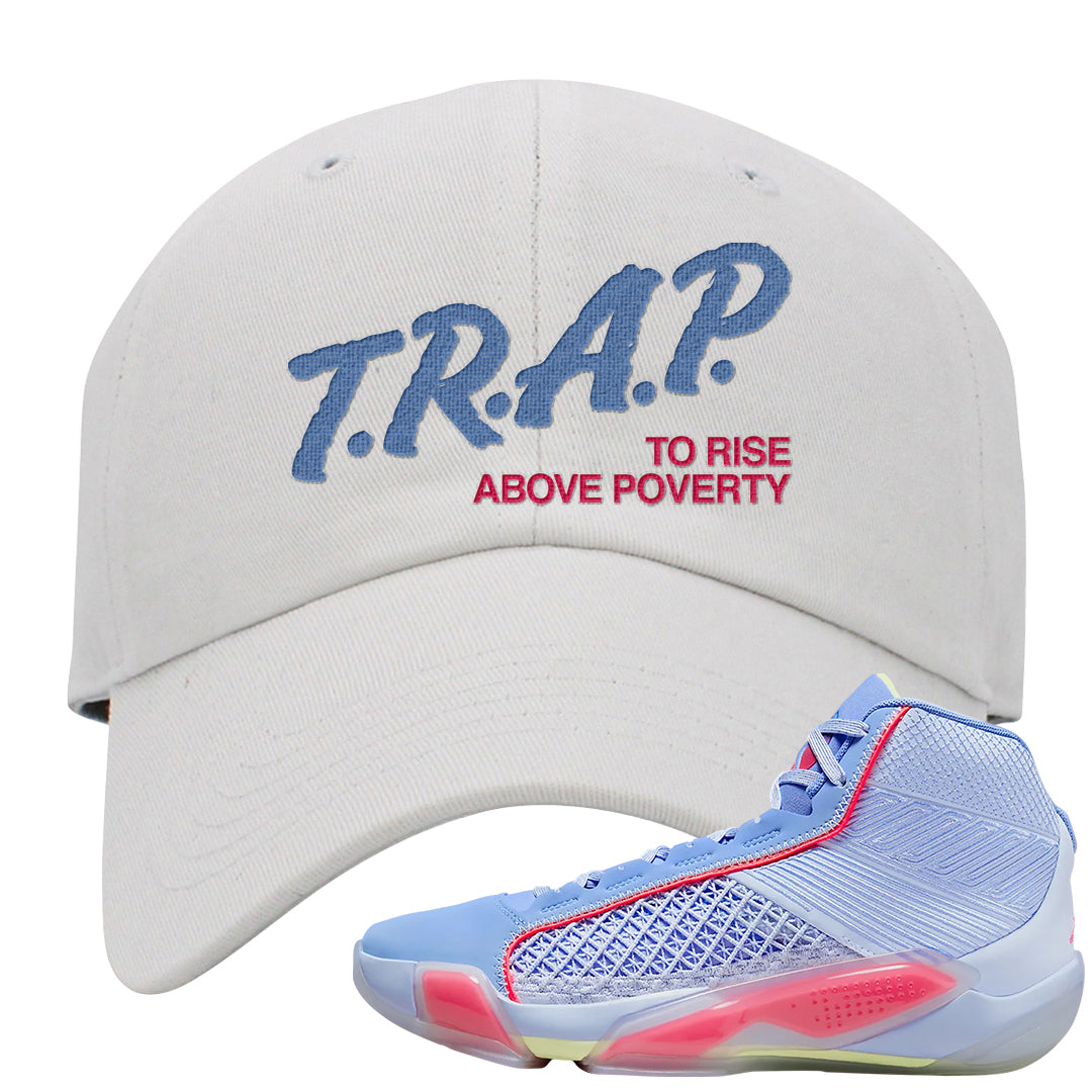 Fadeaway 38s Dad Hat | Trap To Rise Above Poverty, White