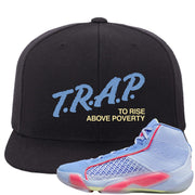 Fadeaway 38s Snapback Hat | Trap To Rise Above Poverty, Black