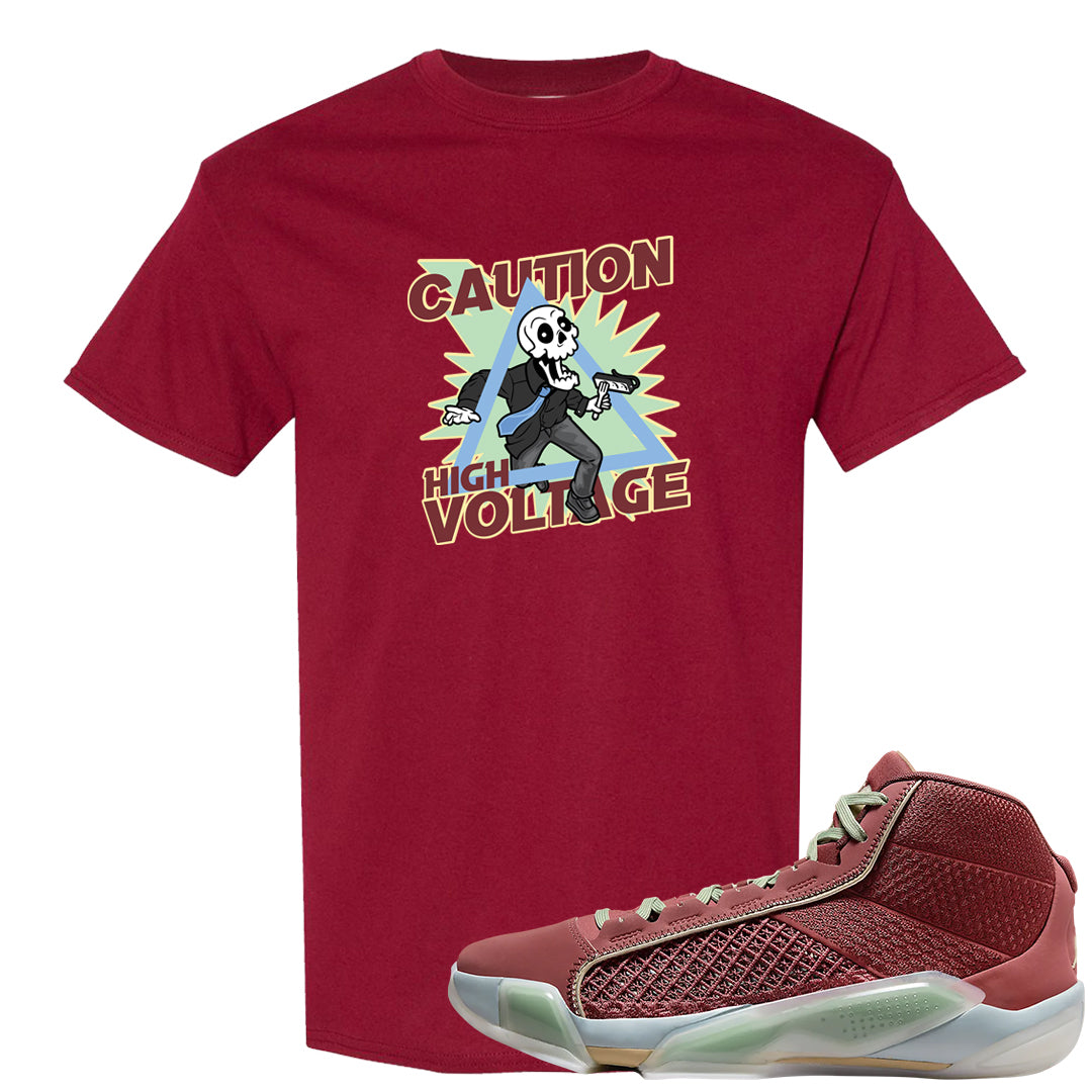 Year of the Dragon 38s T Shirt | Caution High Voltage, Garnet