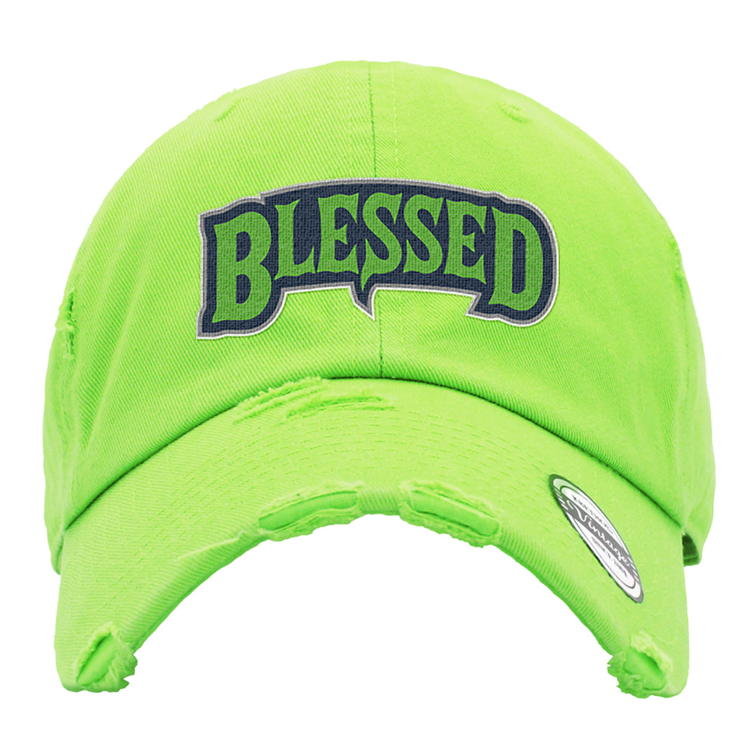 Juice 3s Distressed Dad Hat | Blessed Arch, Neon Green