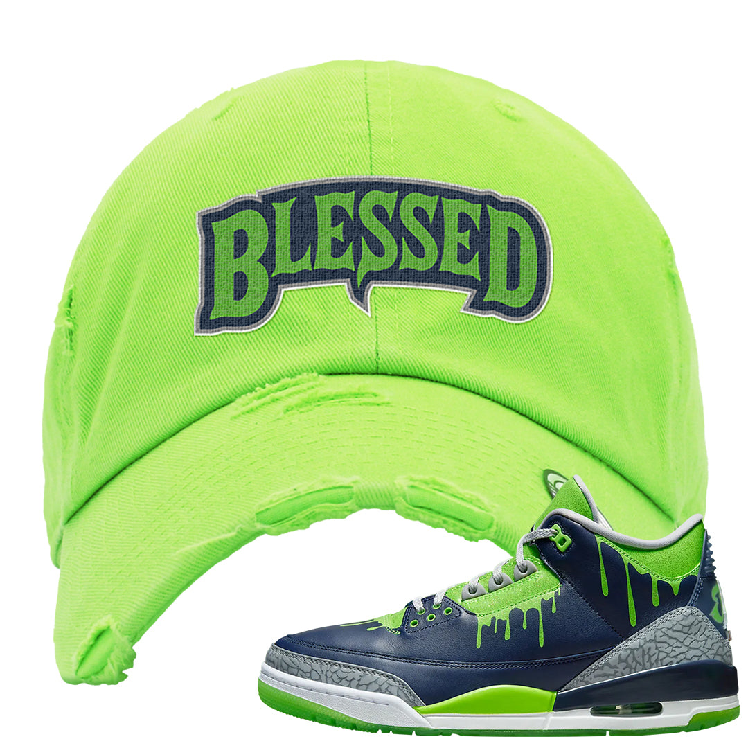 Juice 3s Distressed Dad Hat | Blessed Arch, Neon Green
