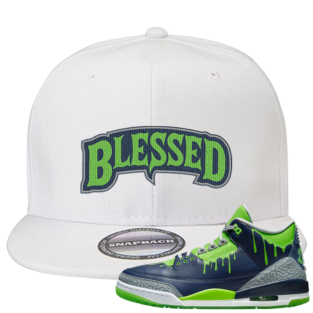 Juice 3s Snapback Hat | Blessed Arch, White