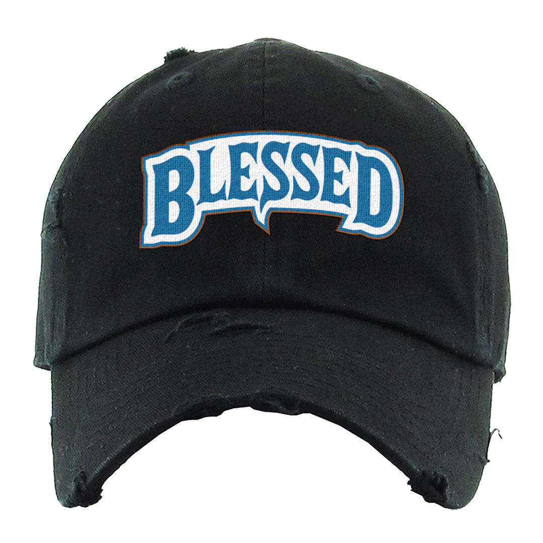 White/True Blue/Metallic Copper 3s Distressed Dad Hat | Blessed Arch, Black