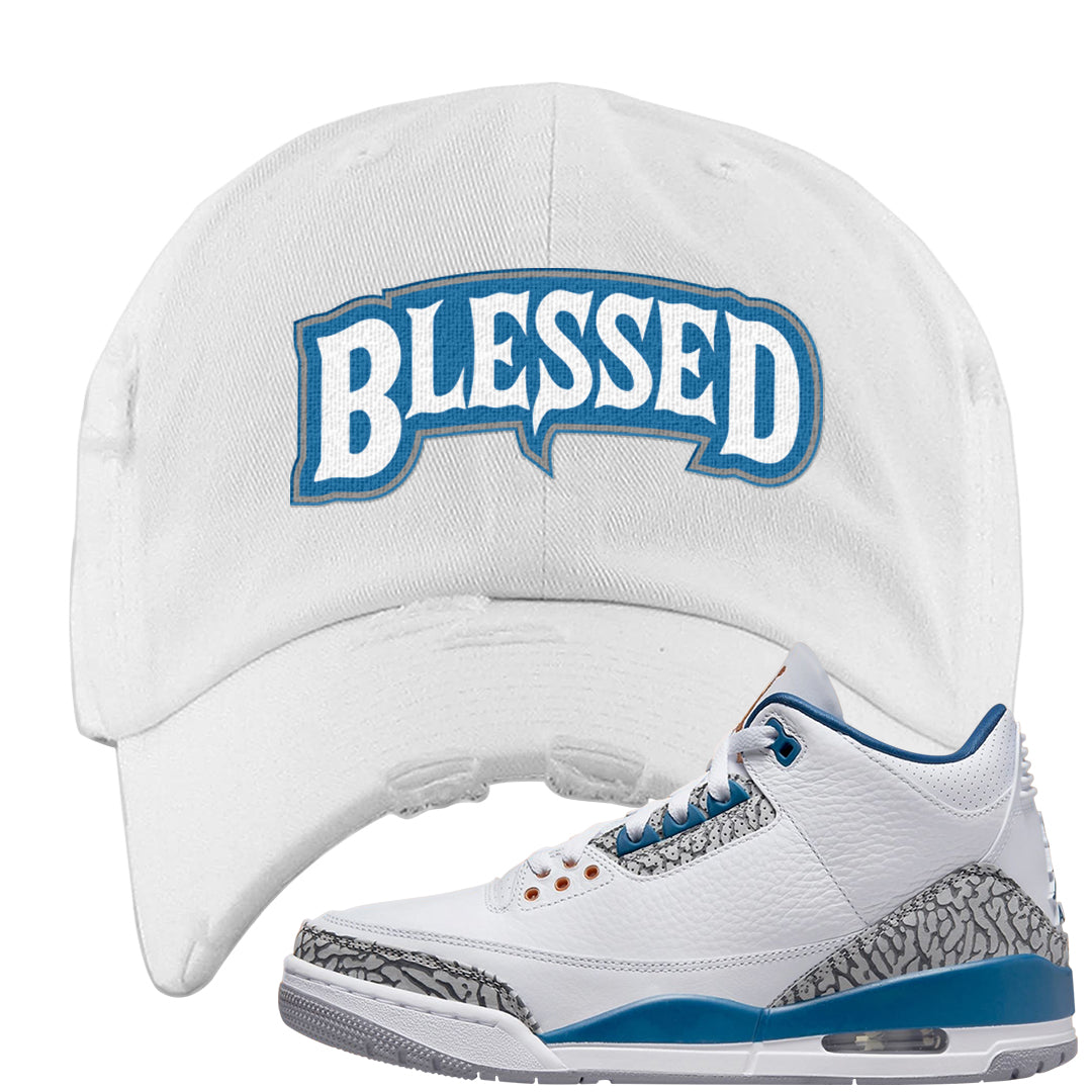 White/True Blue/Metallic Copper 3s Distressed Dad Hat | Blessed Arch, White