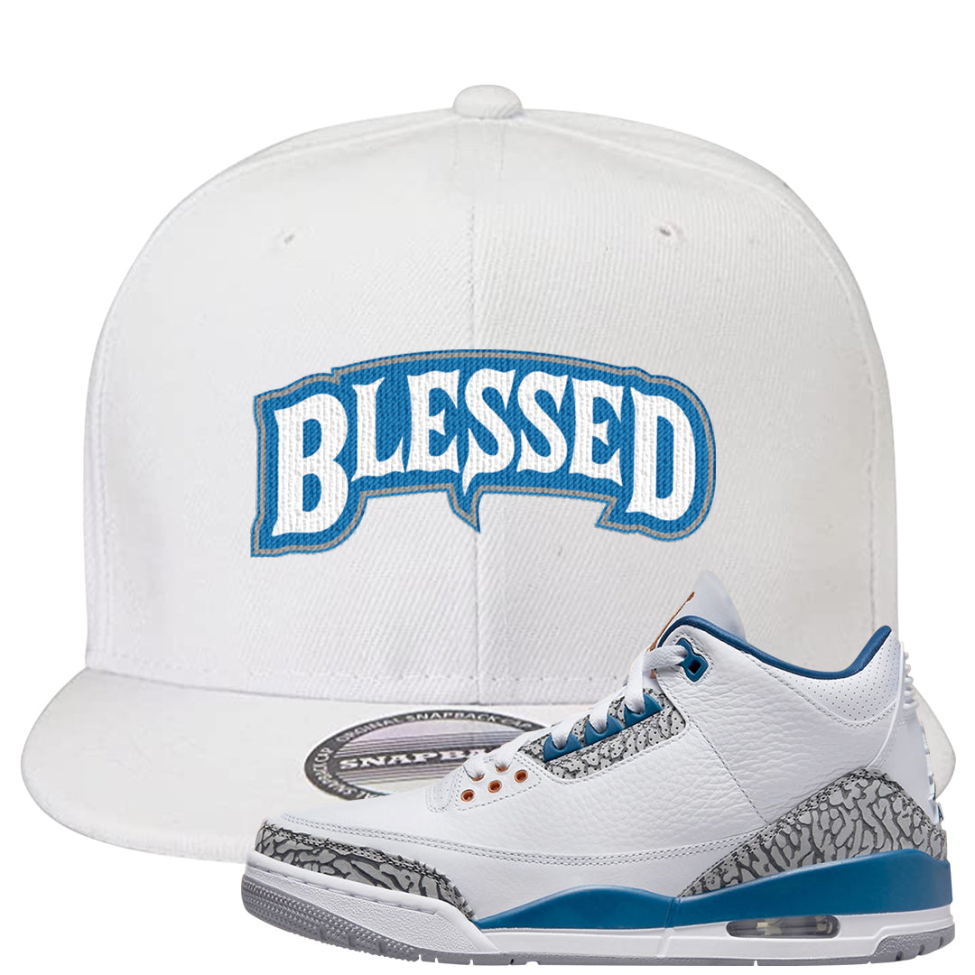 White/True Blue/Metallic Copper 3s Snapback Hat | Blessed Arch, White
