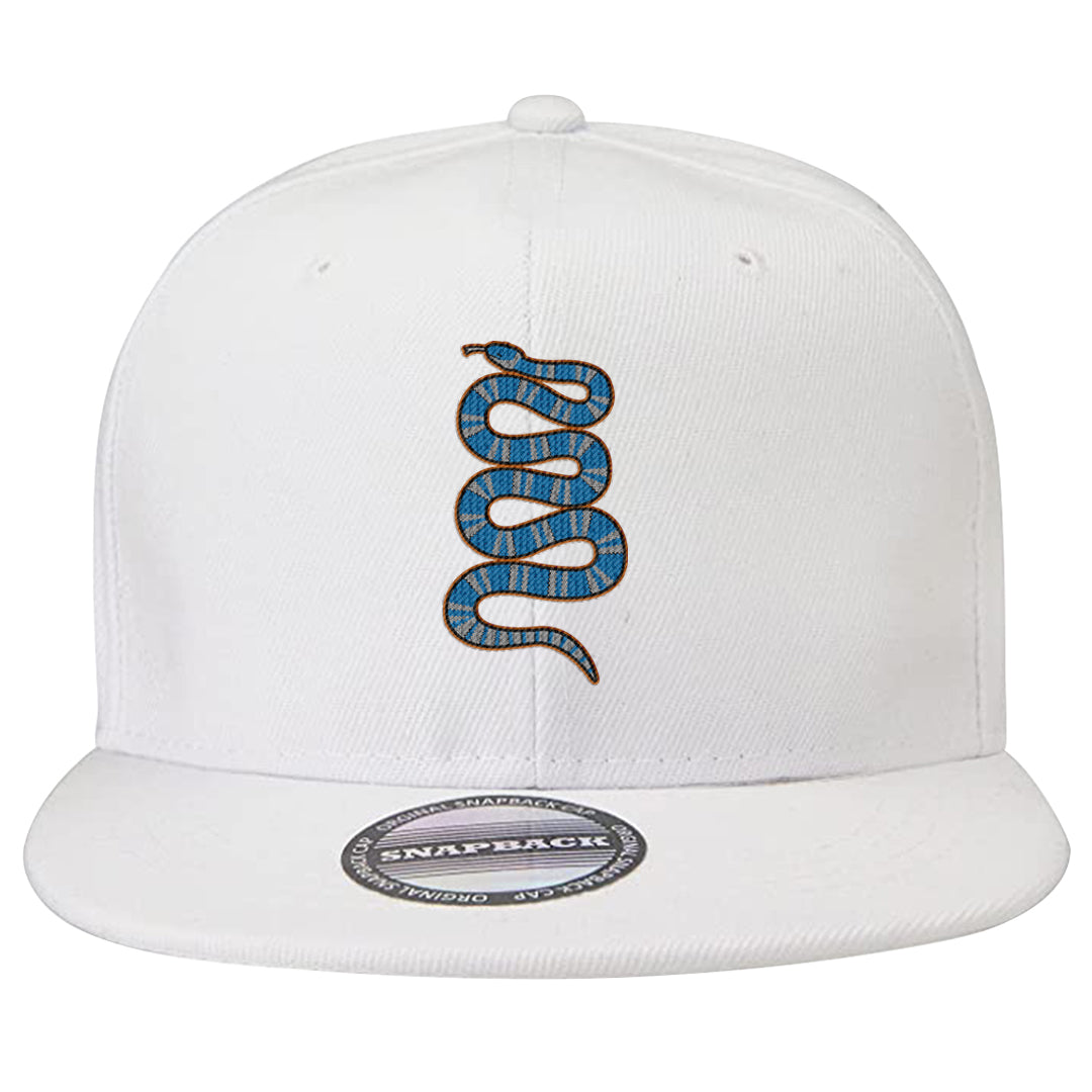 White/True Blue/Metallic Copper 3s Snapback Hat | Coiled Snake, White