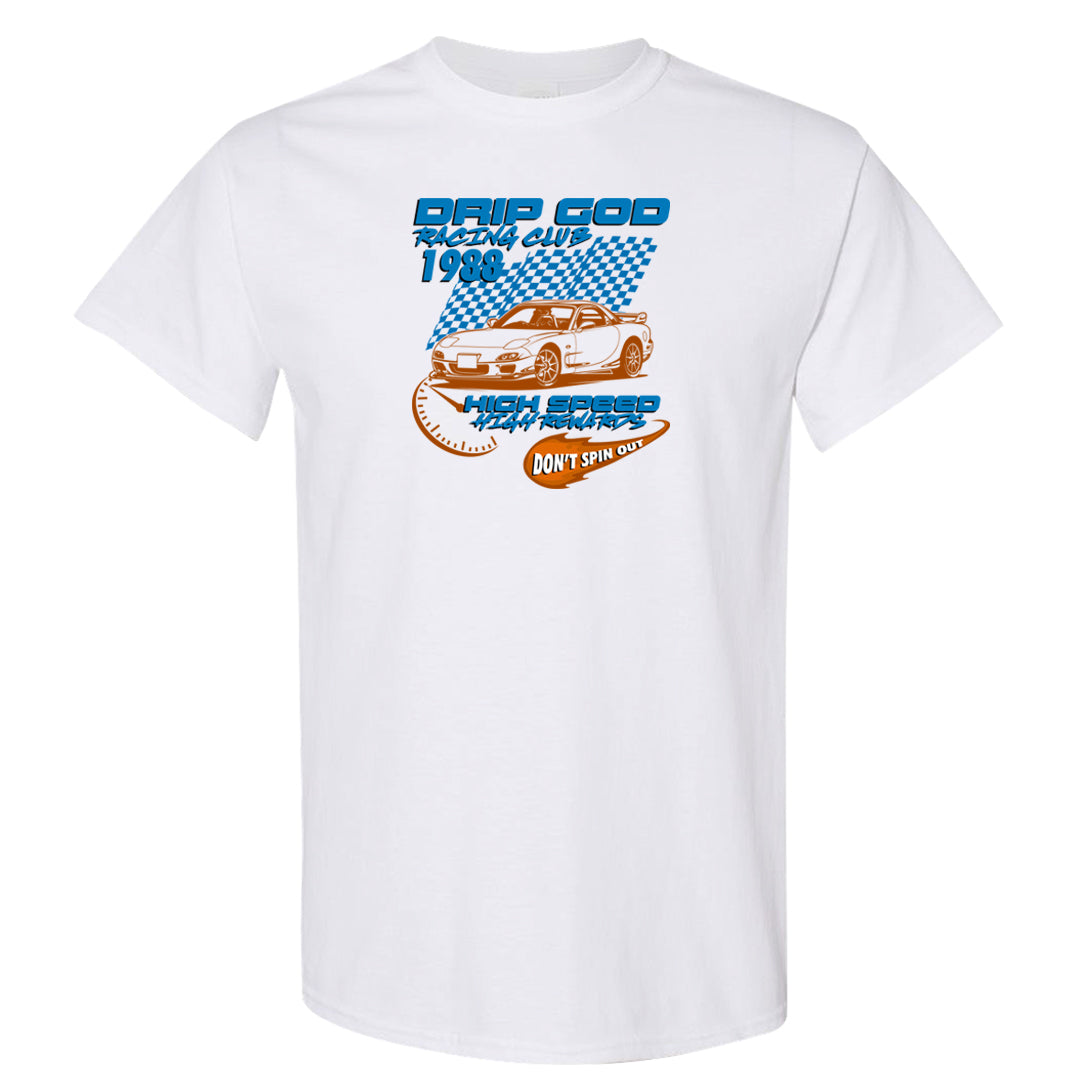 White/True Blue/Metallic Copper 3s T Shirt | Drip God Racing Club, White