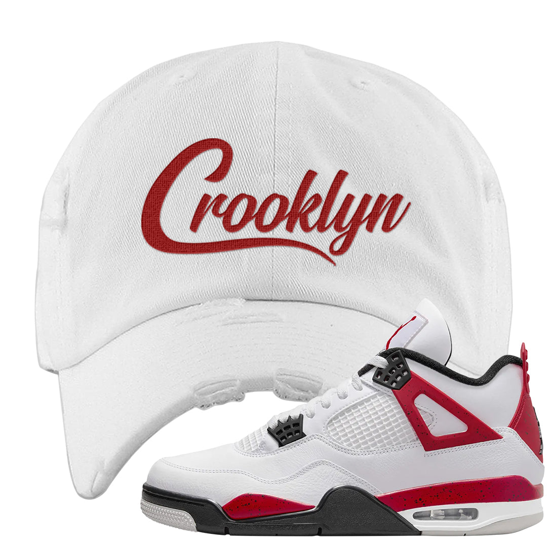 Red Cement 4s Distressed Dad Hat | Crooklyn, White