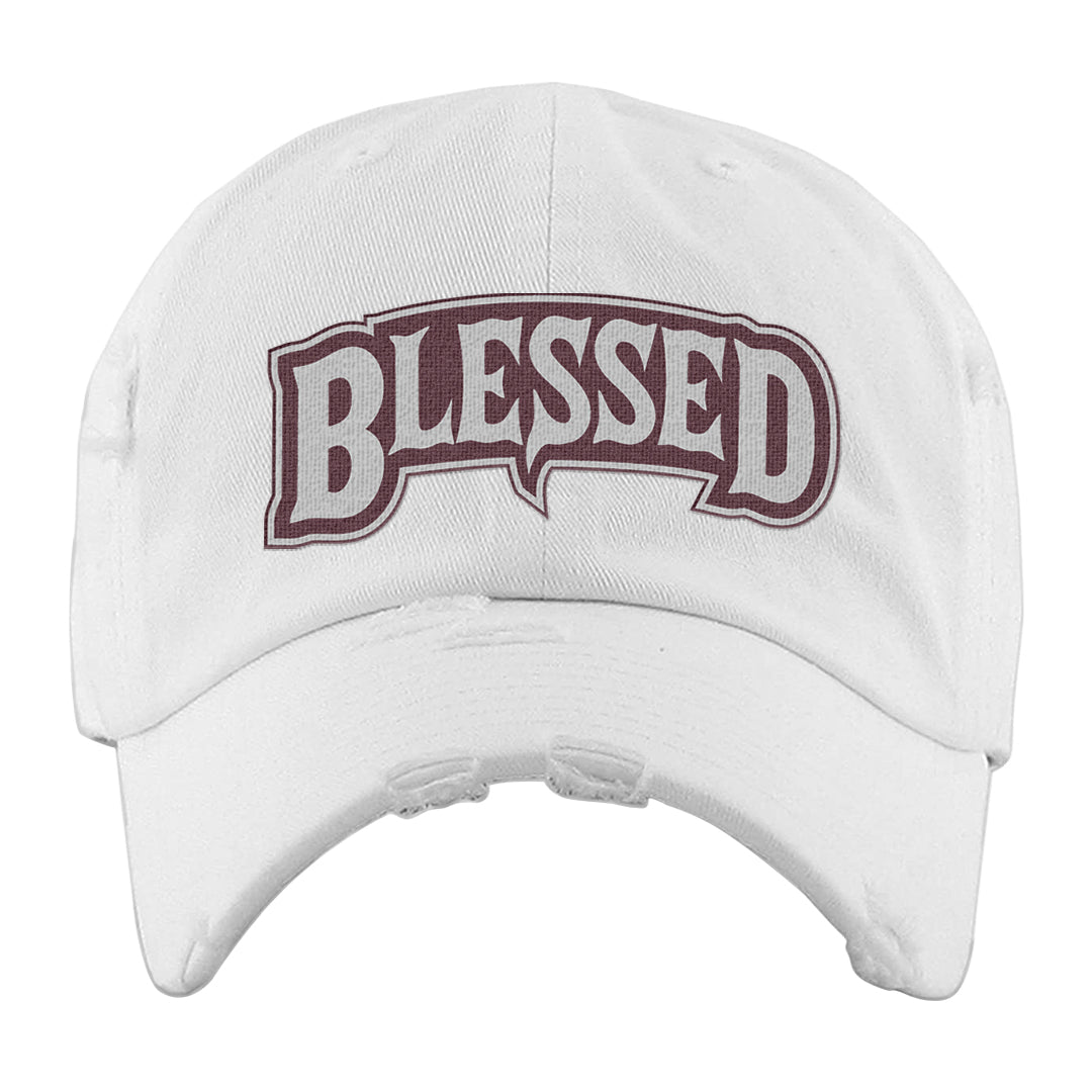 Burgundy 5s Distressed Dad Hat | Blessed Arch, White