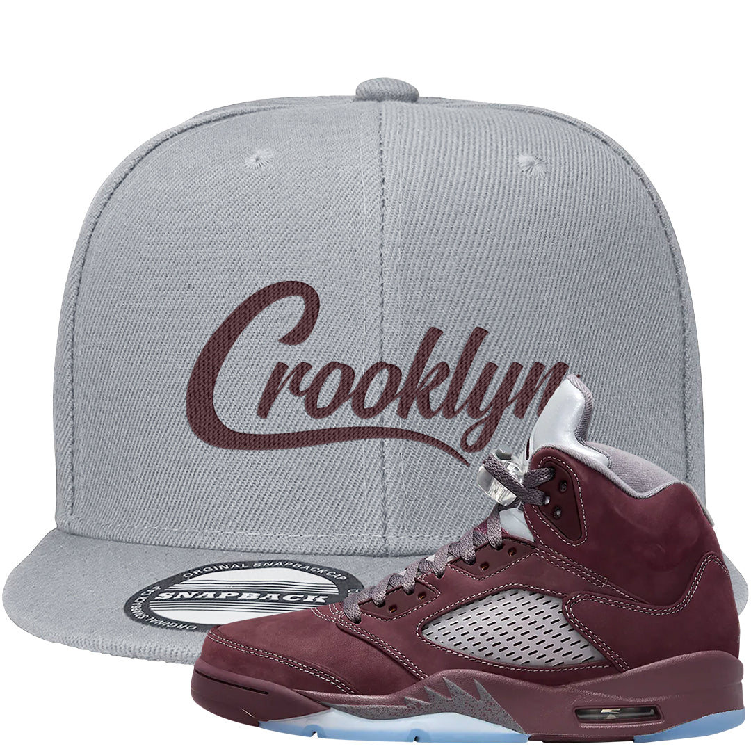 Burgundy 5s Snapback Hat | Crooklyn, Light Gray