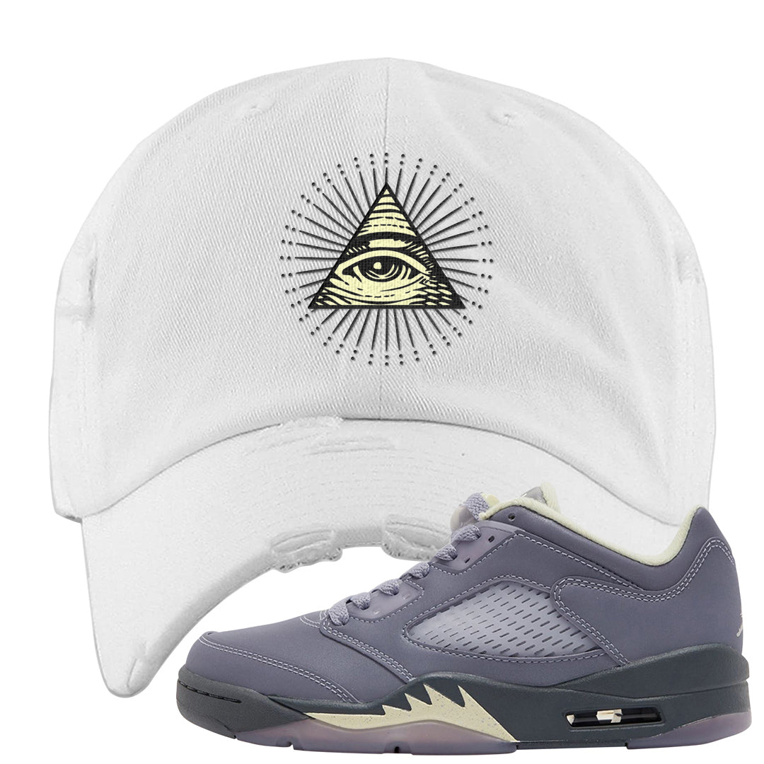 Indigo Haze 5s Distressed Dad Hat | All Seeing Eye, White