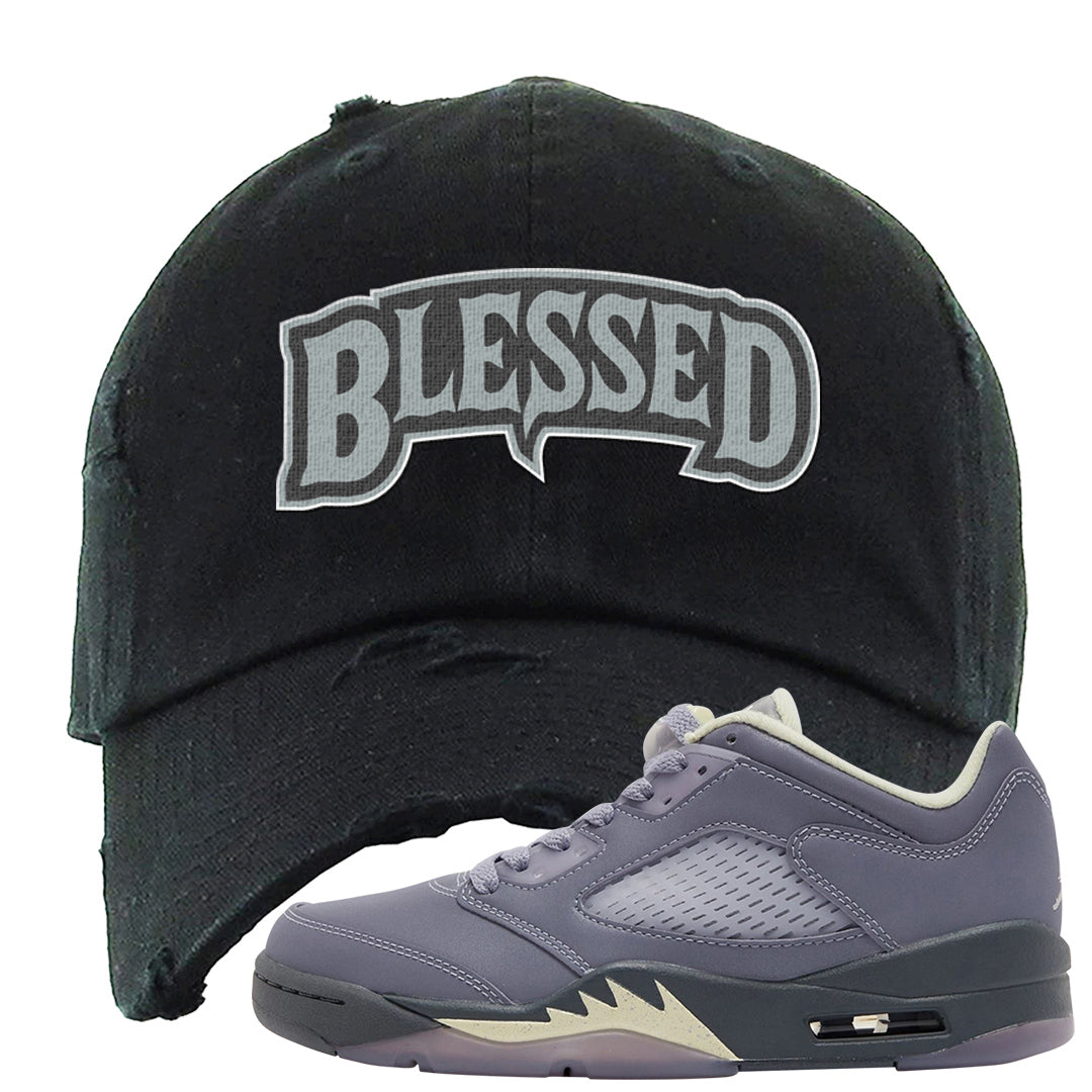 Indigo Haze 5s Distressed Dad Hat | Blessed Arch, Black