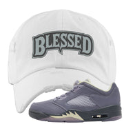 Indigo Haze 5s Distressed Dad Hat | Blessed Arch, White