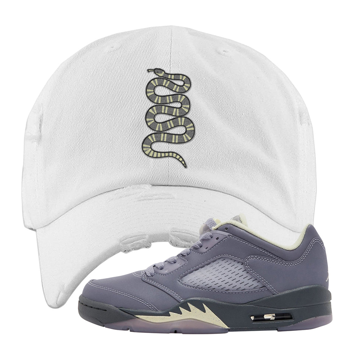 Indigo Haze 5s Distressed Dad Hat | Coiled Snake, White