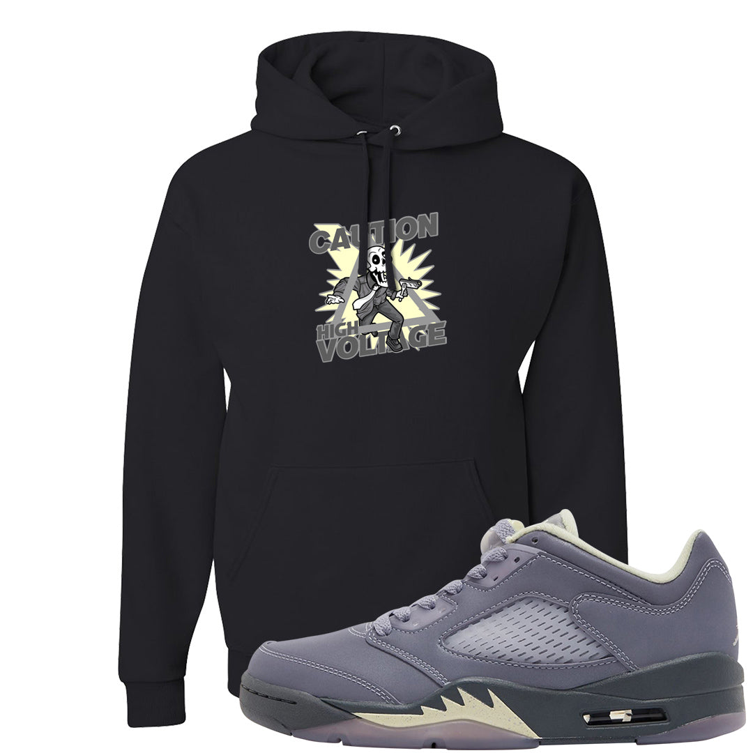 Indigo Haze 5s Hoodie | Caution High Voltage, Black