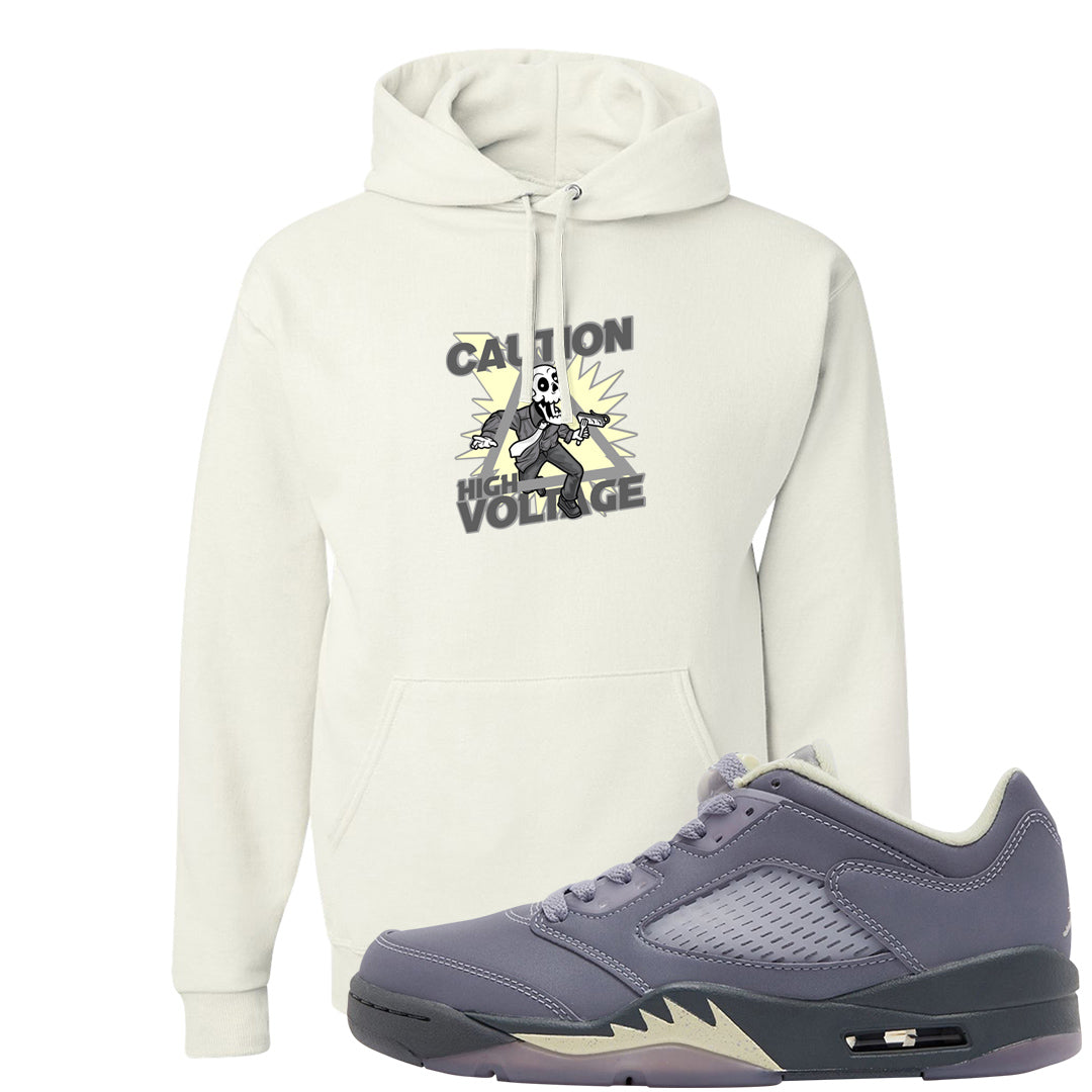 Indigo Haze 5s Hoodie | Caution High Voltage, White