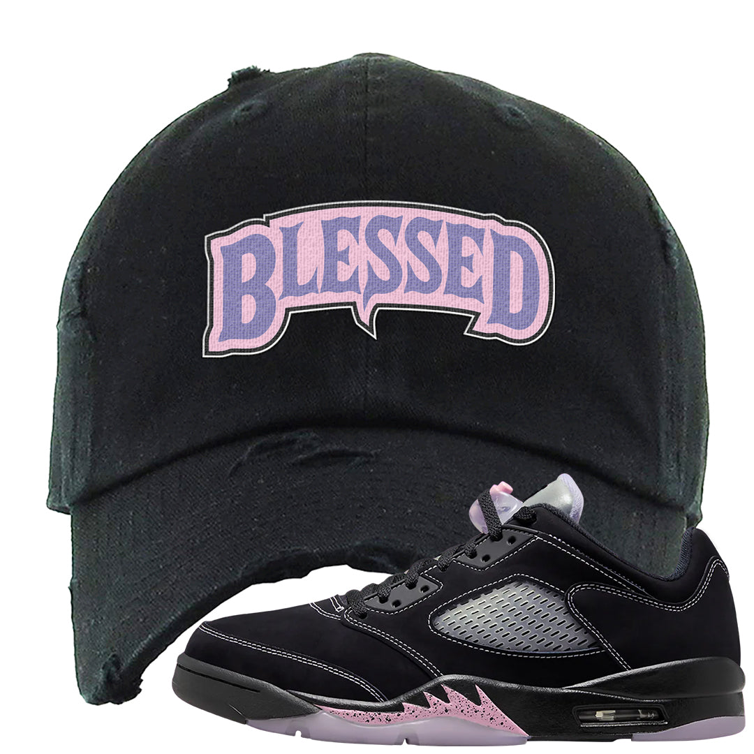 Dongdan Low 5s Distressed Dad Hat | Blessed Arch, Black