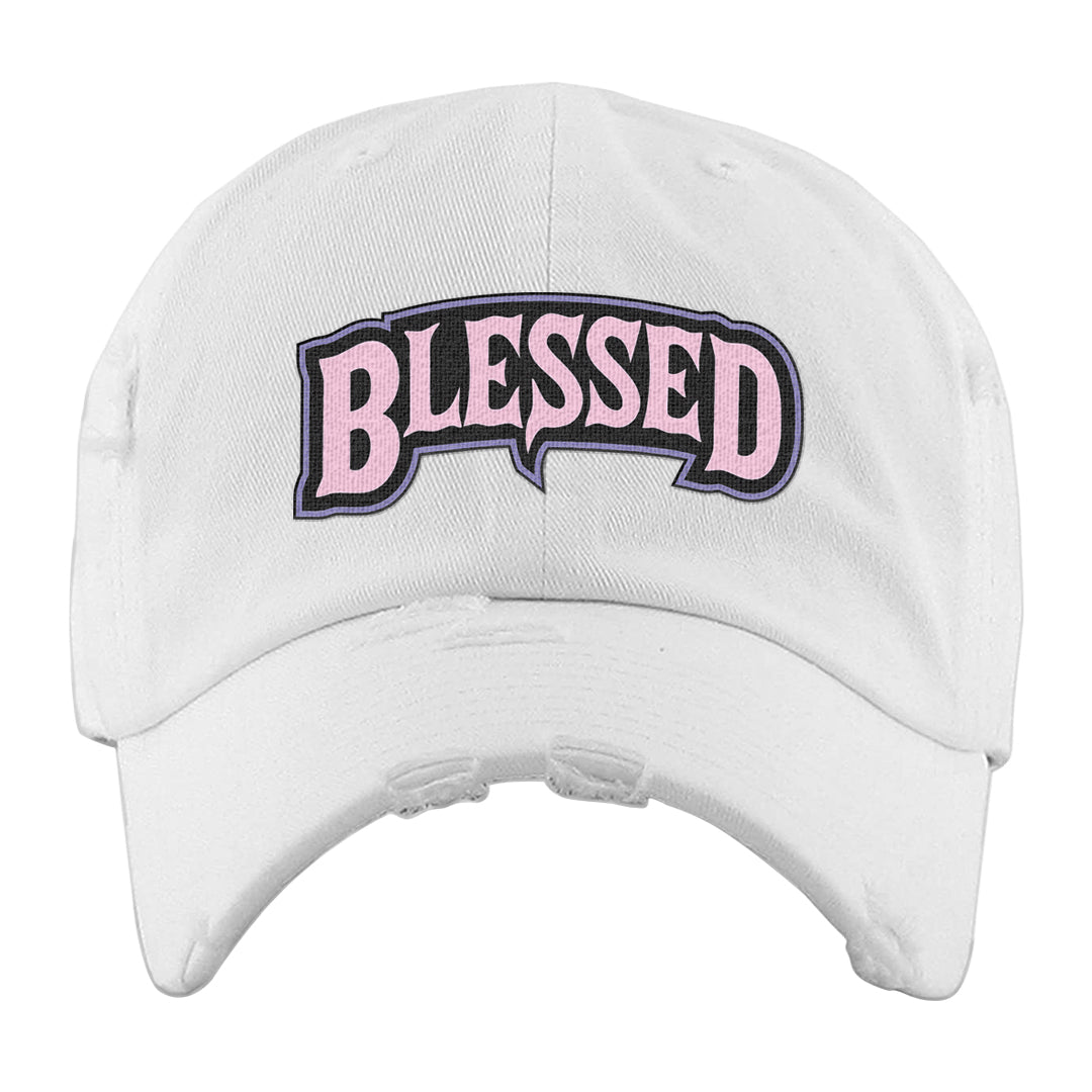 Dongdan Low 5s Distressed Dad Hat | Blessed Arch, White