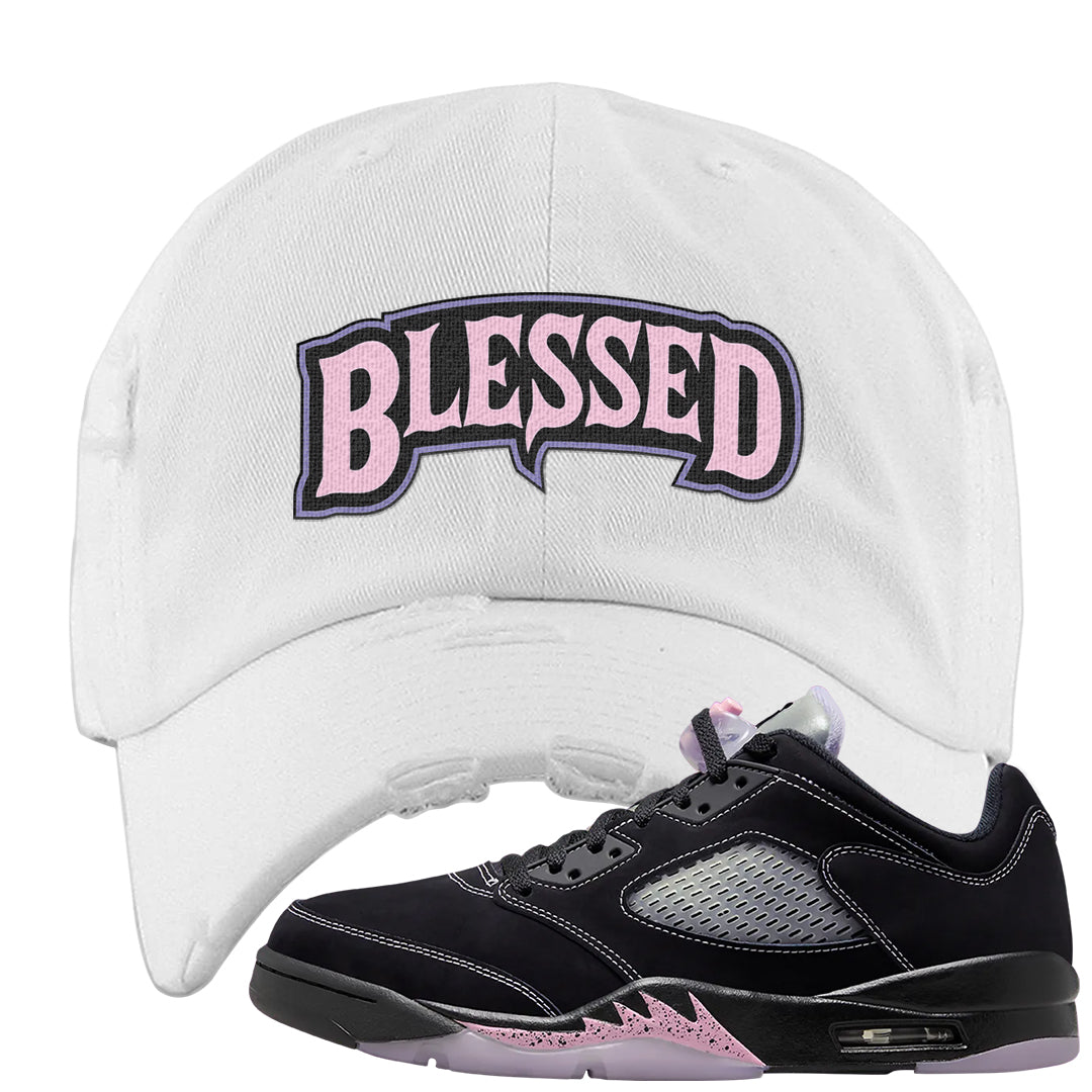 Dongdan Low 5s Distressed Dad Hat | Blessed Arch, White