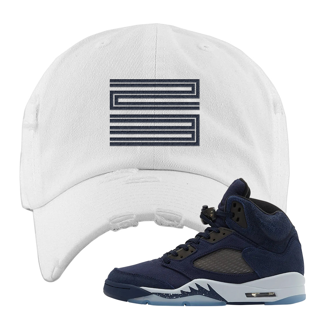 Midnight Navy 5s Distressed Dad Hat | Double Line 23, White