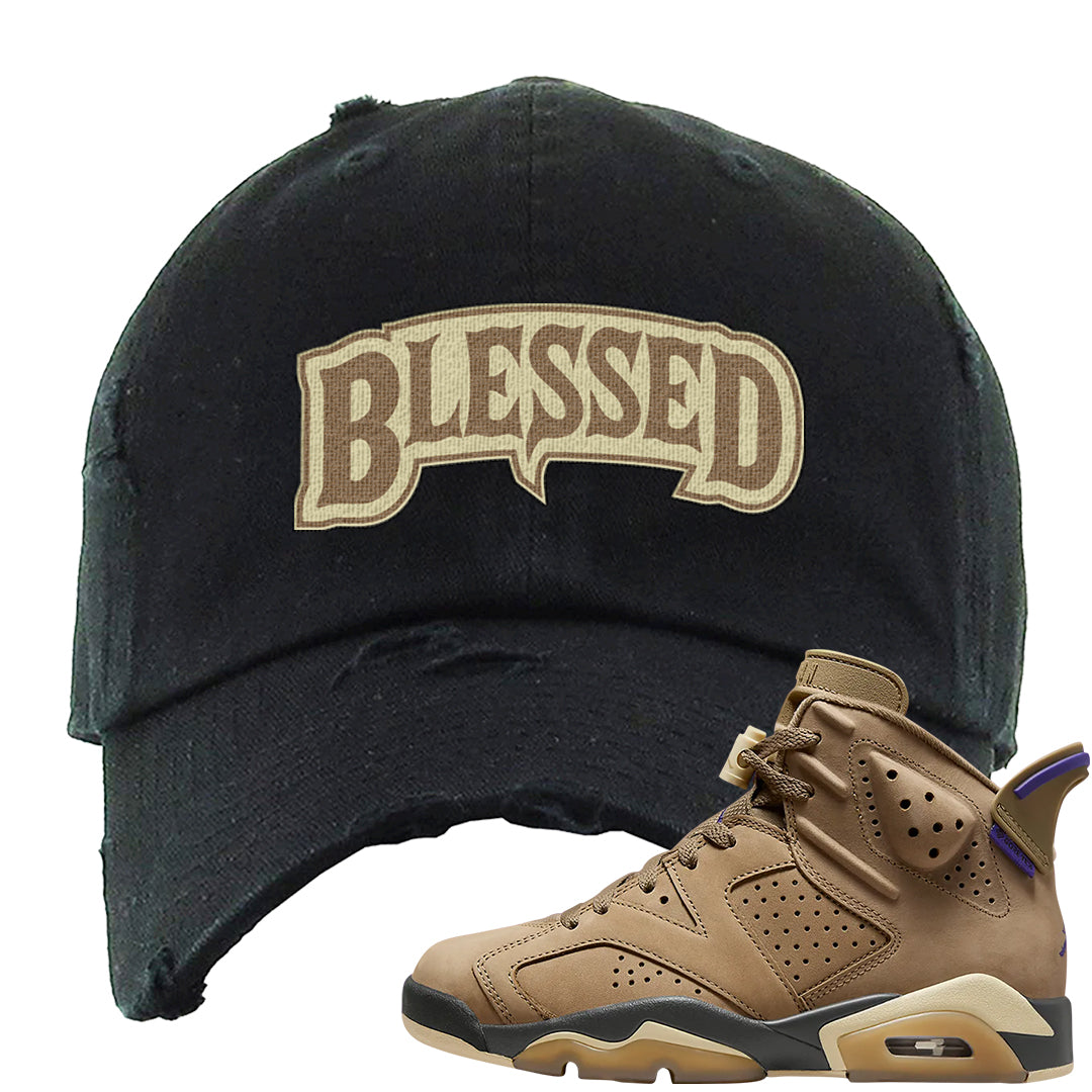 Brown Kelp 6s Distressed Dad Hat | Blessed Arch, Black