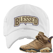 Brown Kelp 6s Distressed Dad Hat | Blessed Arch, White