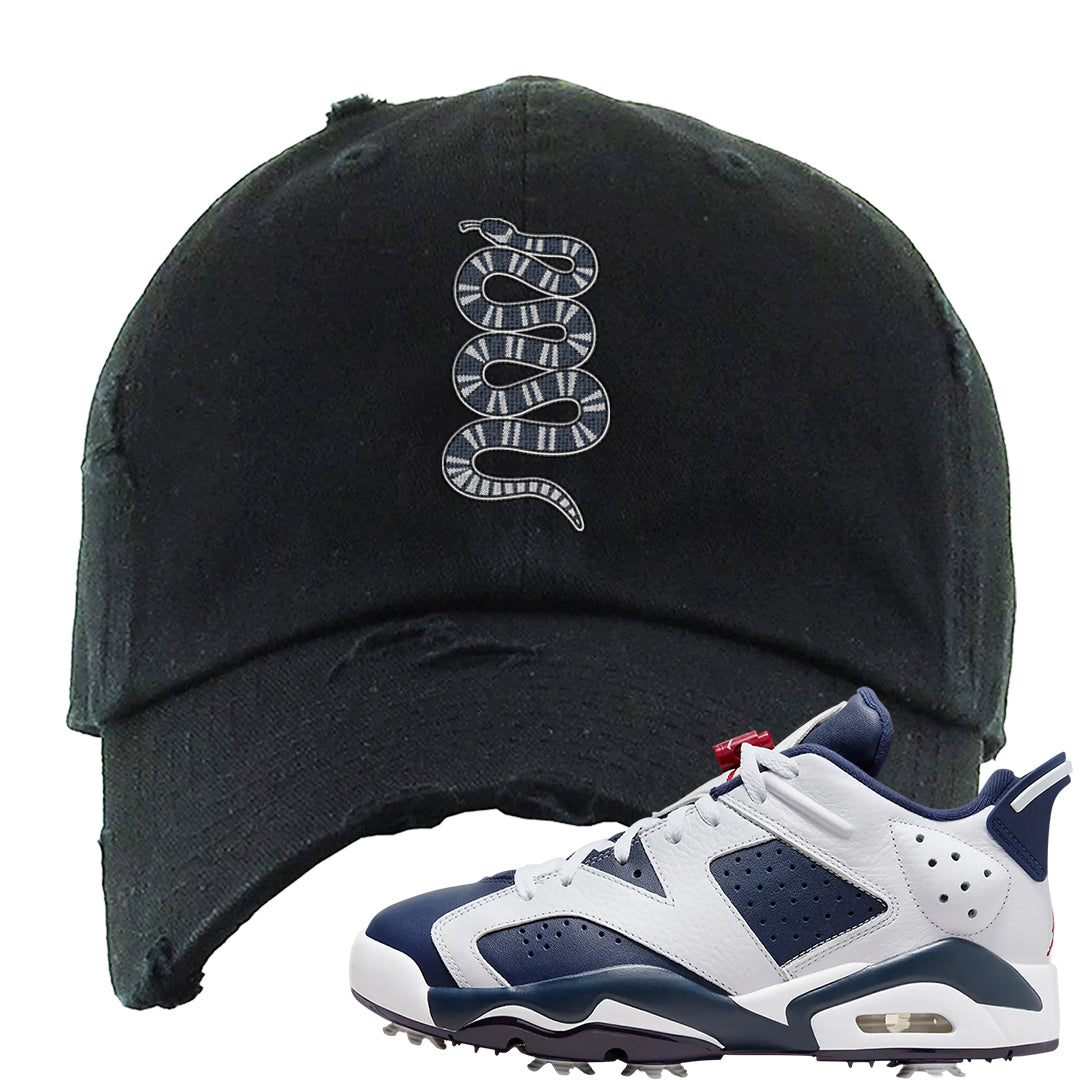 Golf Olympic Low 6s Distressed Dad Hat | Coiled Snake, Black