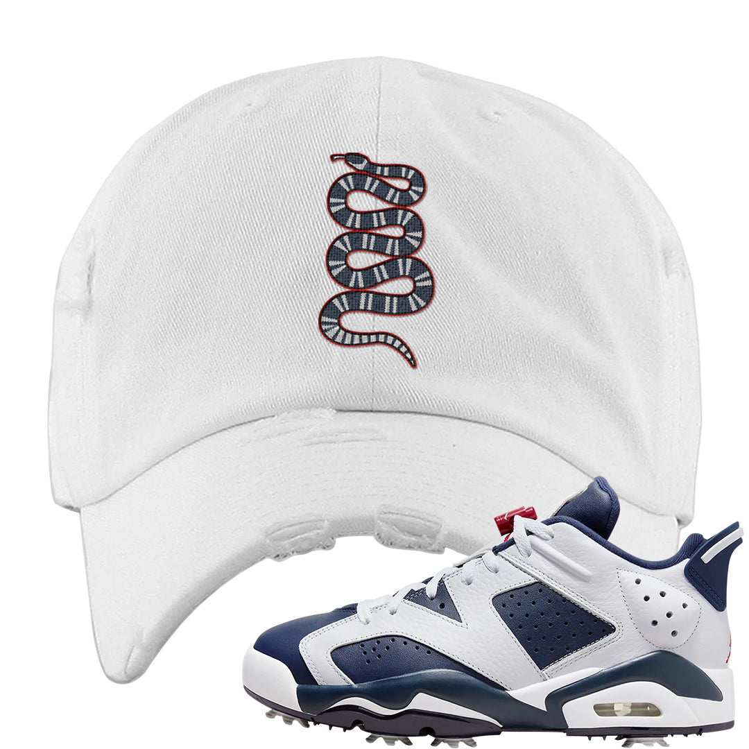 Golf Olympic Low 6s Distressed Dad Hat | Coiled Snake, White