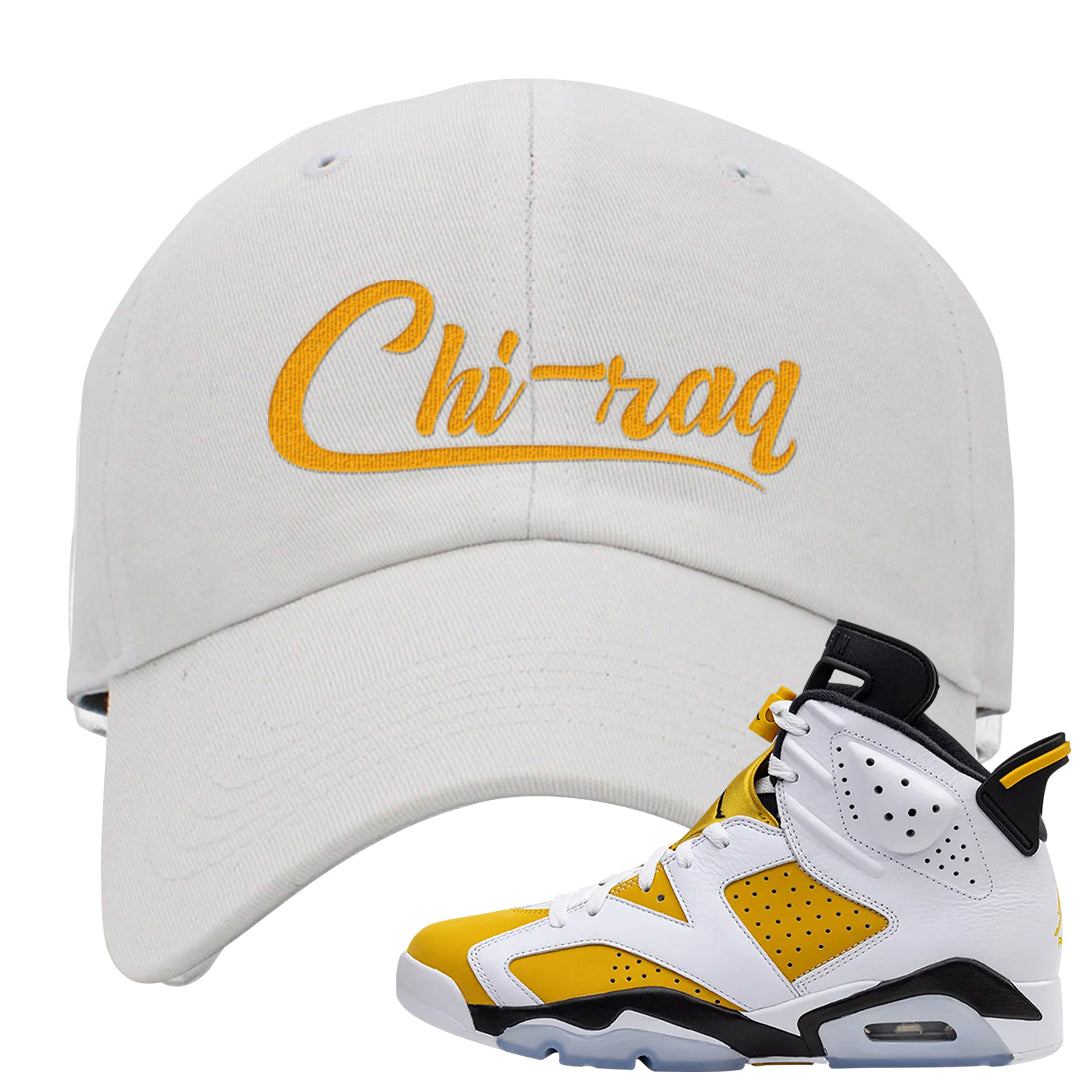 Yellow Ochre 6s Distressed Dad Hat | Chiraq, White