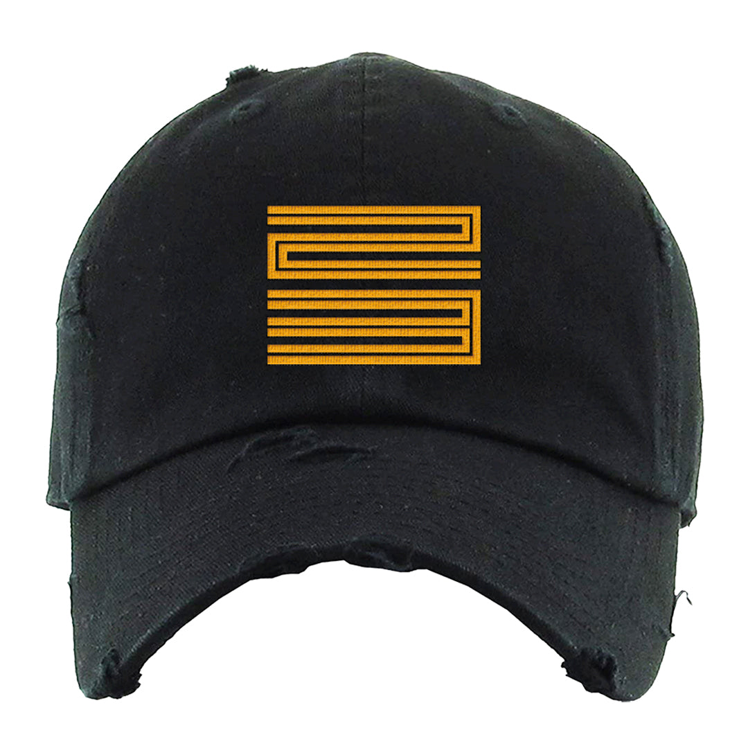 Yellow Ochre 6s Distressed Dad Hat | Double Line 23, Black
