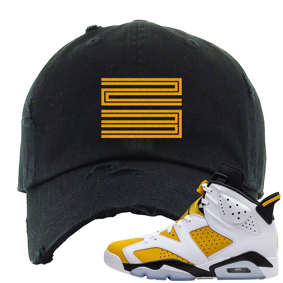 Yellow Ochre 6s Distressed Dad Hat | Double Line 23, Black