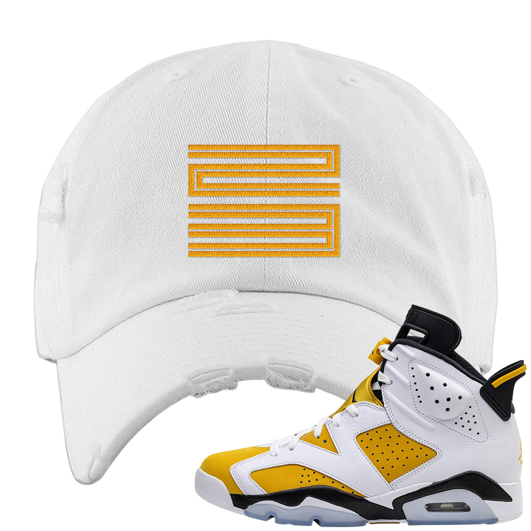 Yellow Ochre 6s Distressed Dad Hat | Double Line 23, White