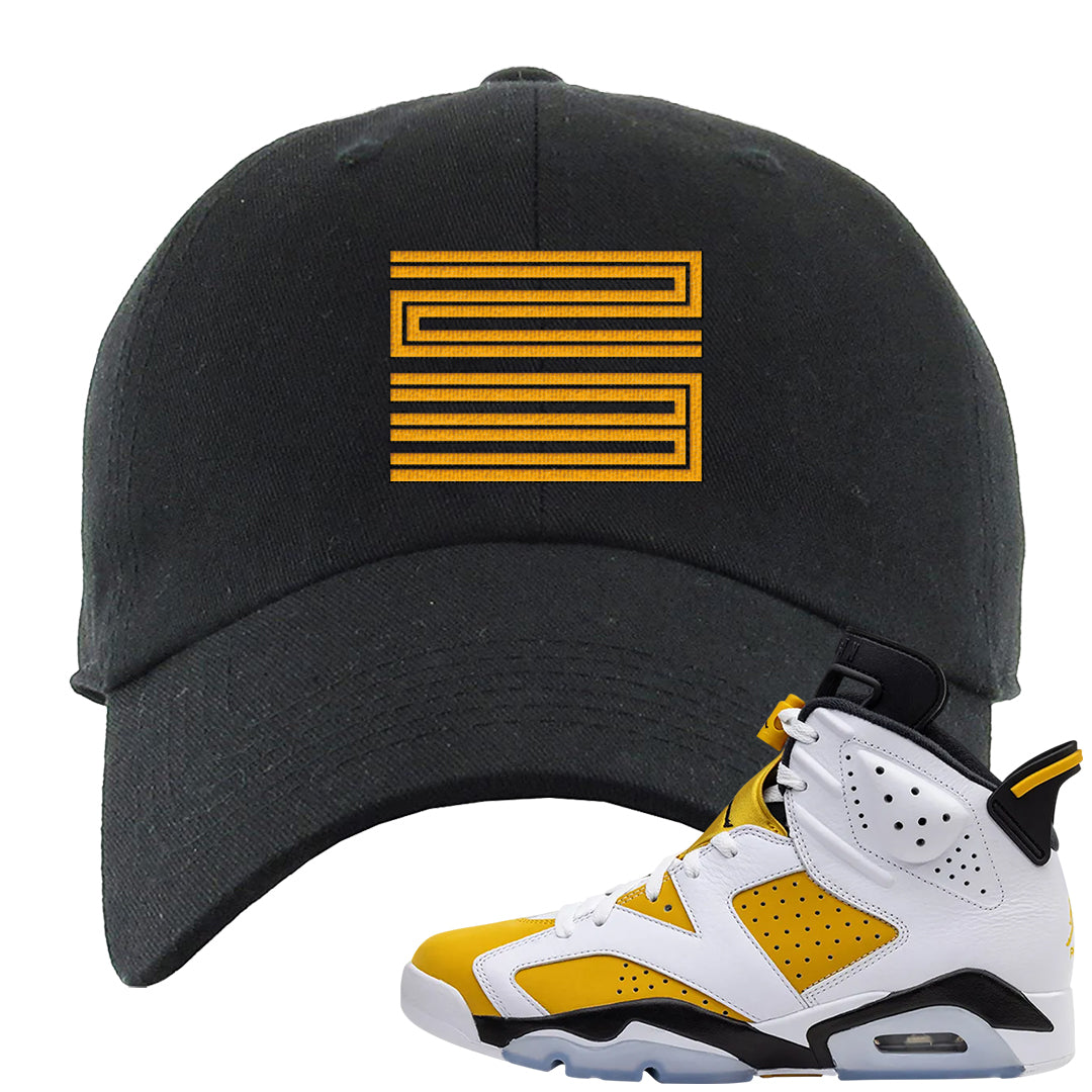 Yellow Ochre 6s Dad Hat | Double Line 23, Black