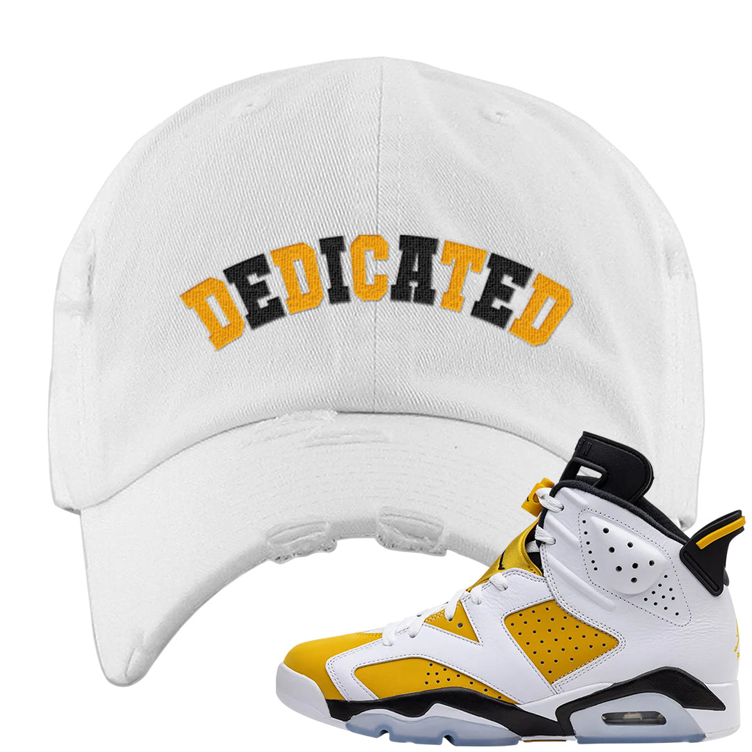 Yellow Ochre 6s Distressed Dad Hat | Dedicated, White